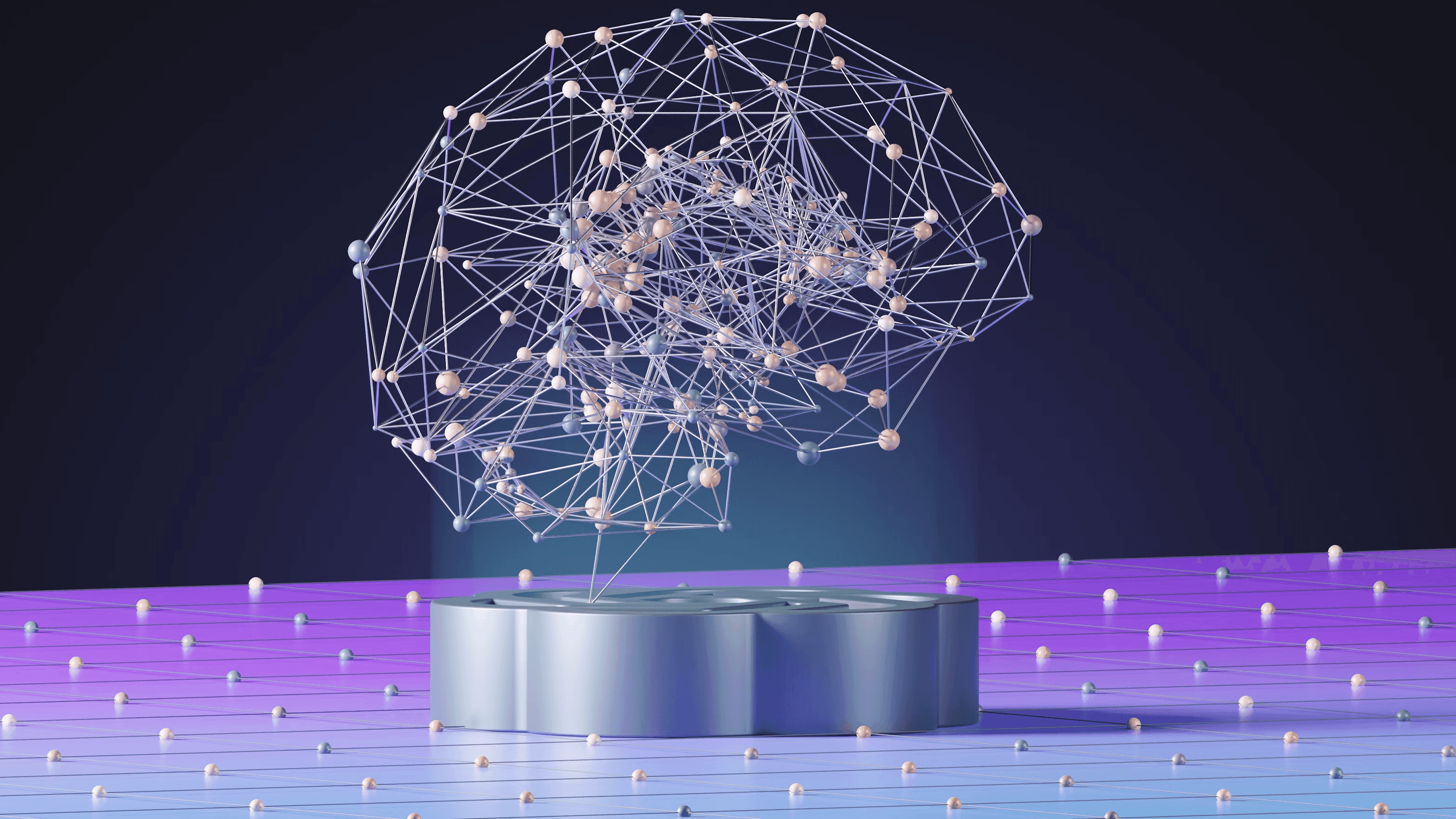 A wireframe brain rendered as a network of connected nodes floating above a glowing platform.